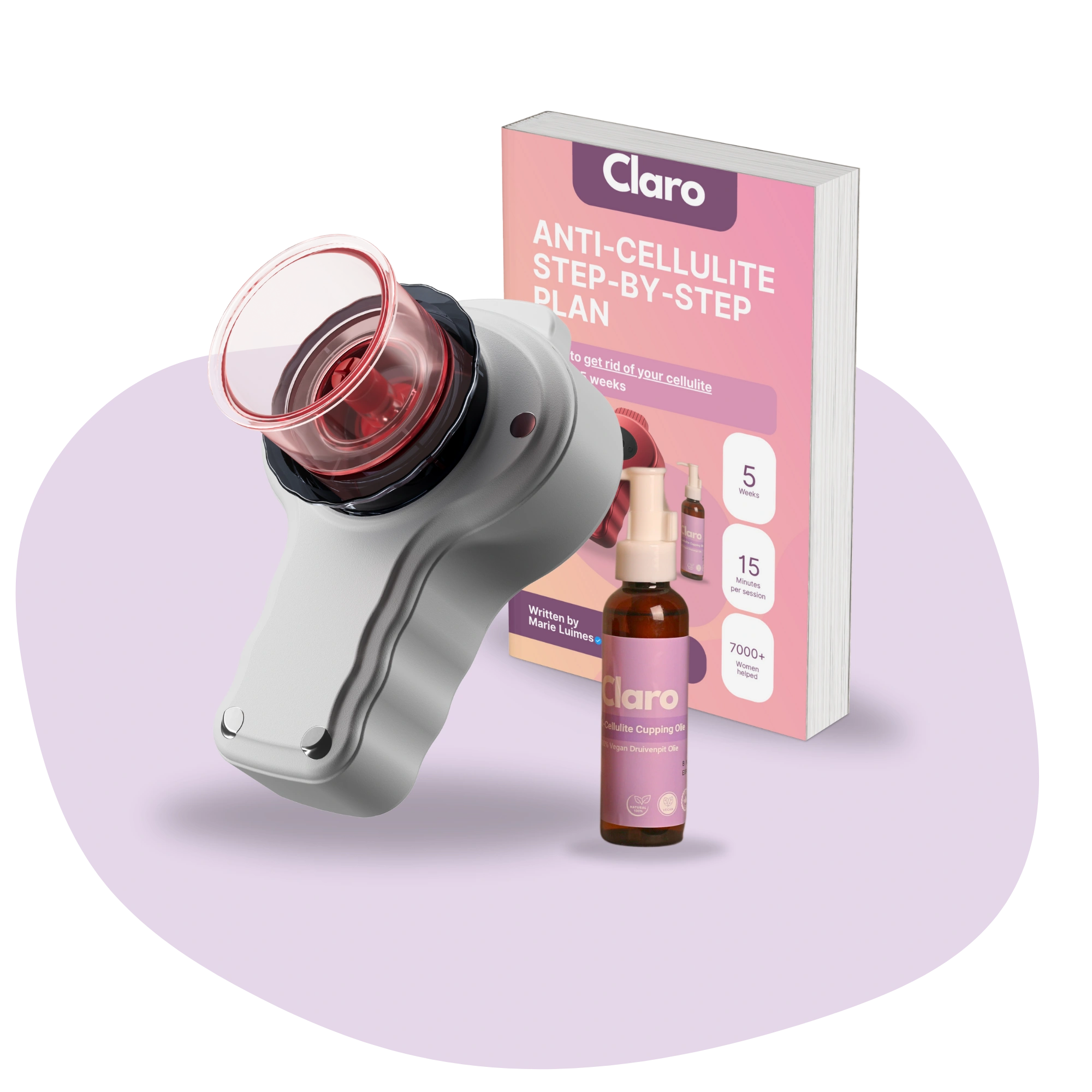 Claro anti-cellulite device, cupping oil bottle, and step-by-step plan on a light purple background